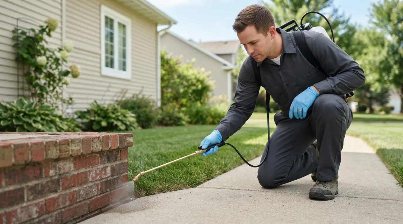 Pest control technician treating a home near Randolph, MA